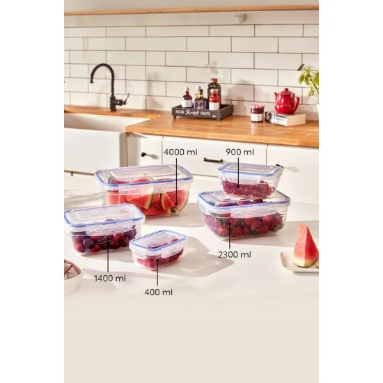 Dikdörtgen 5 Parça Contalı Vakumlu Sızdırmaz Hava Almaz Saklama Kabı Seti (4000/2300/1400/900/400 Ml)