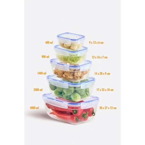 Dikdörtgen 5 Parça Contalı Vakumlu Sızdırmaz Hava Almaz Saklama Kabı Seti (4000/2300/1400/900/400 Ml)