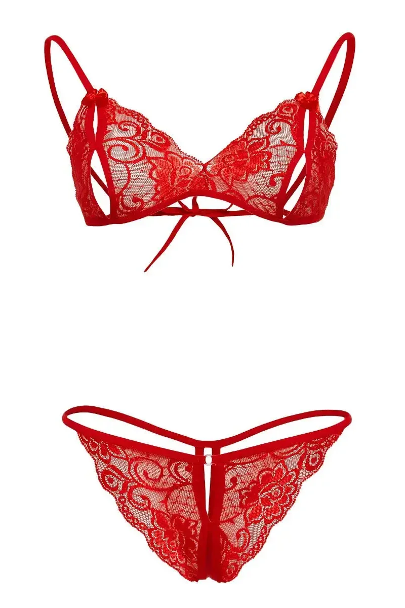 Kırmızı Dantelli Fantazi Sütyen ve G-String Takım BRF2048