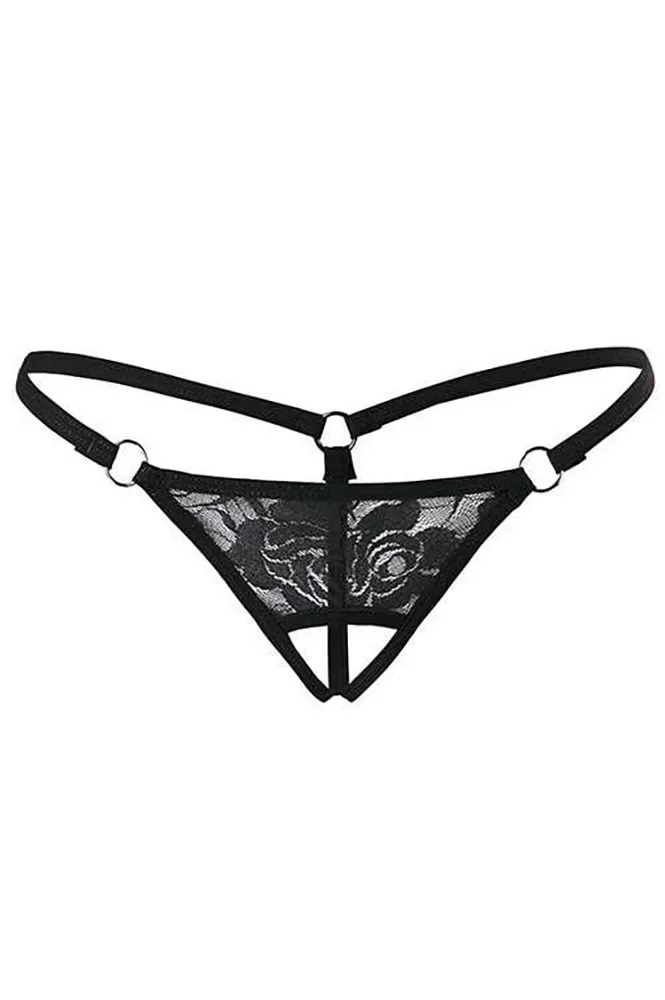 Siyah Dantelli Özel Bölgesi Açık G-String BRF1167