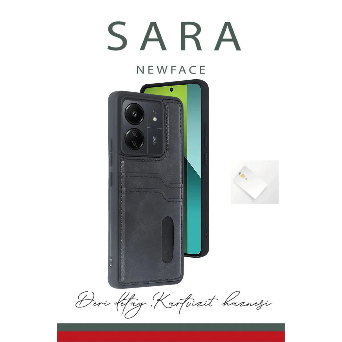 Redmi 13C Kılıf Sara Kartvizitli Deri Kılıf - Kırmızı