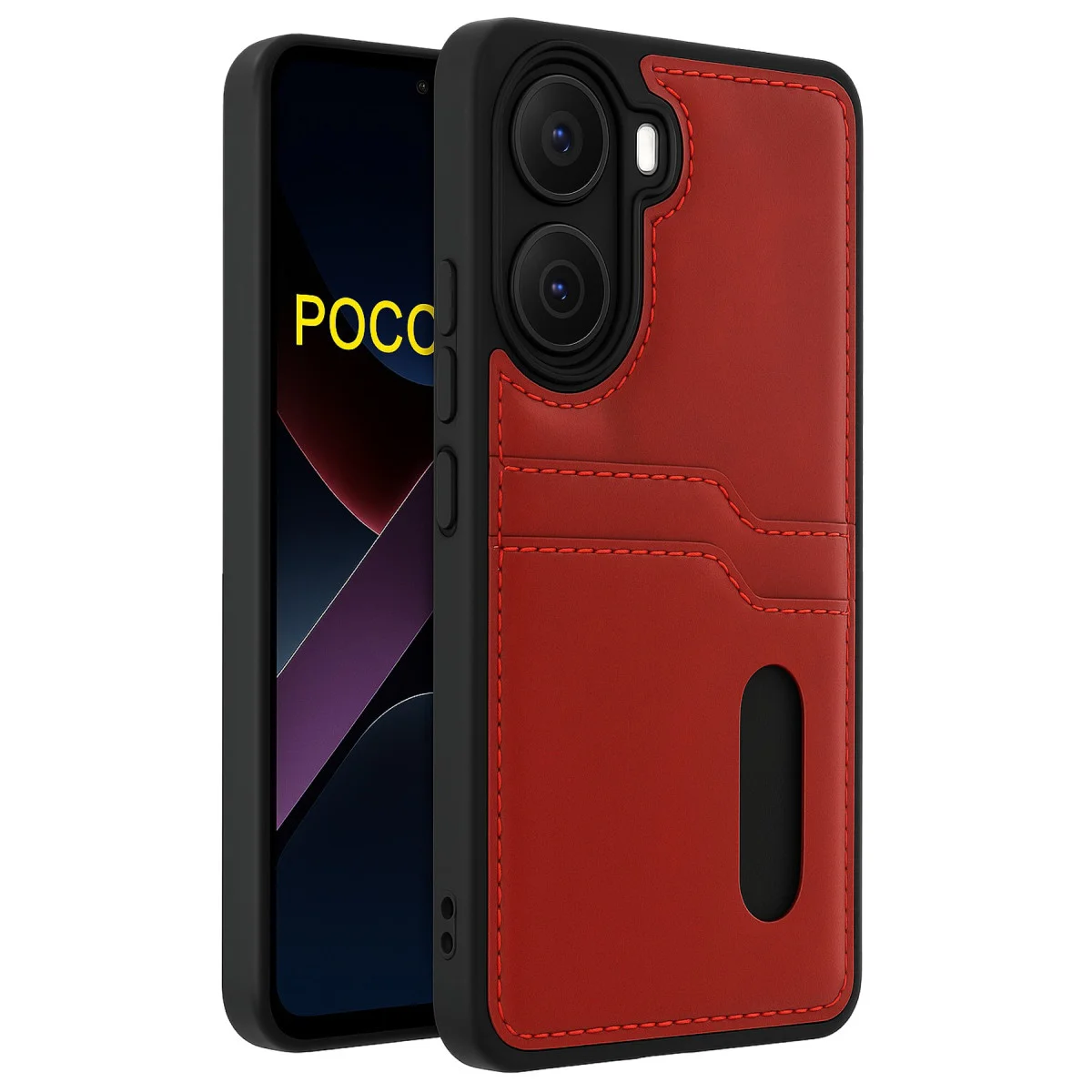Poco X7 Pro Kılıf Sara Kartvizitli Deri Kılıf - Kırmızı