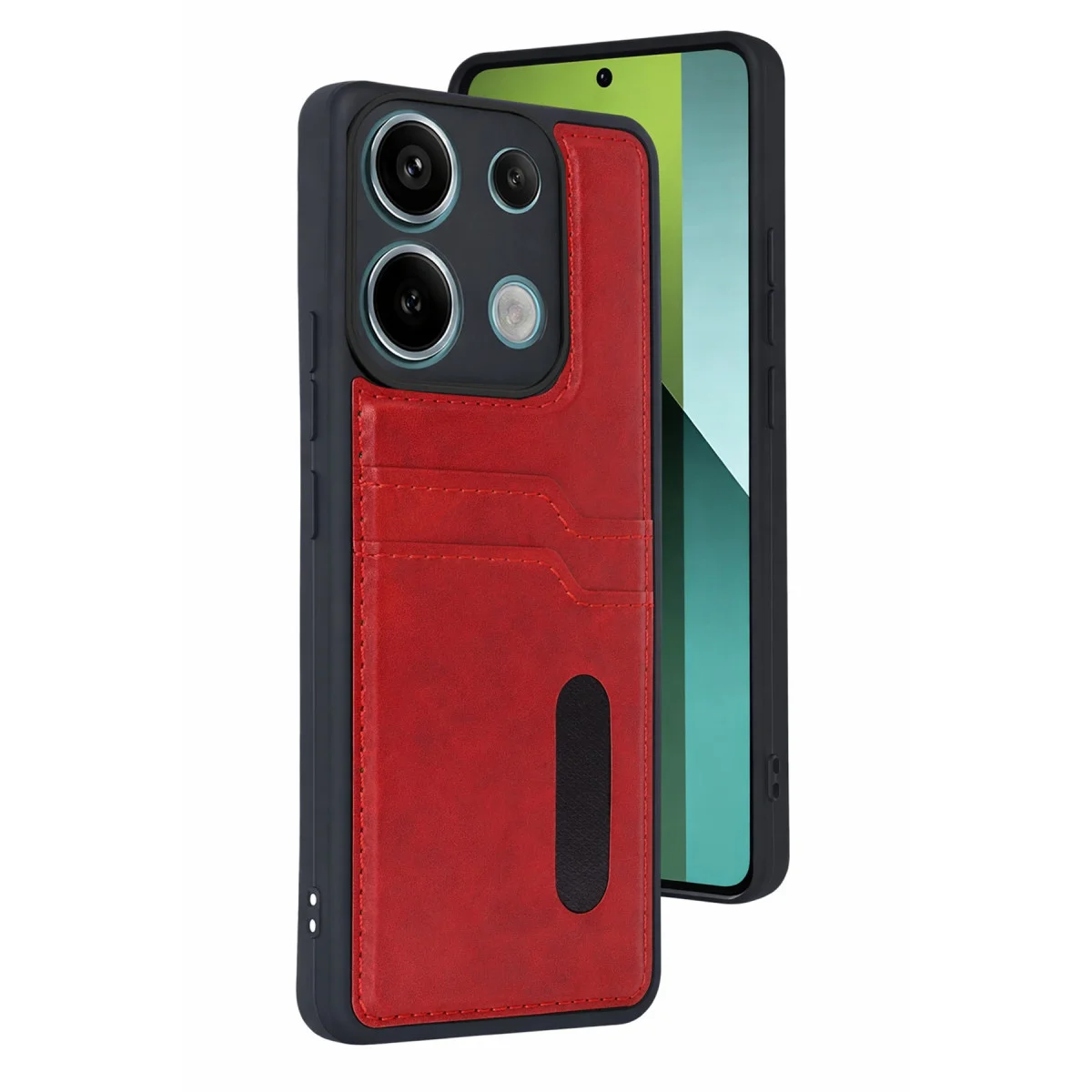 Redmi 15C 4G Sara Kartvizitli Deri Kılıf - Kırmızı