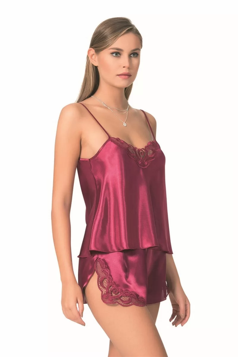 Bordo Saten Babydoll Şort Takımı