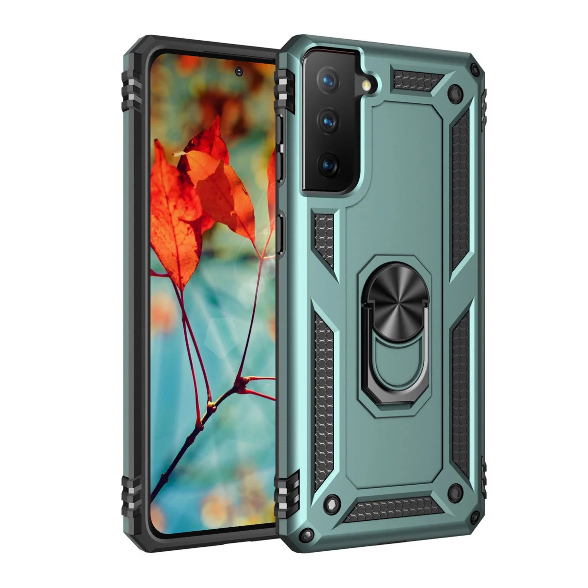Galaxy S21 Kılıf Sofya Yüzüklü Silikon Kapak - Yeşil