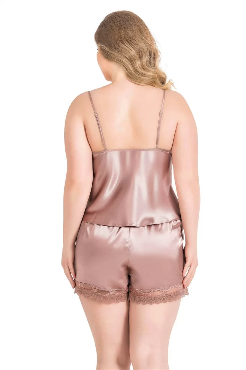 Büyük Beden Vizon Saten Babydoll Şort Takımı