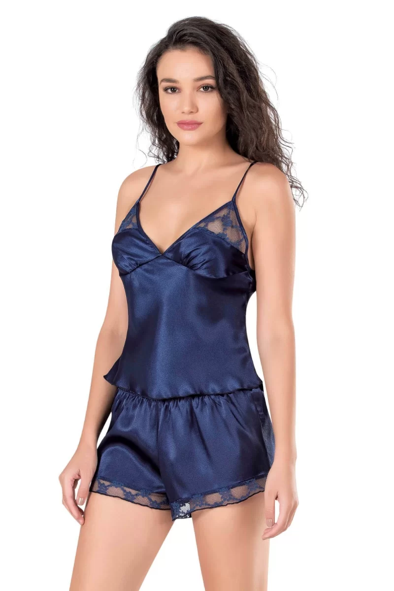 Lacivert Saten Babydoll Şort Takımı