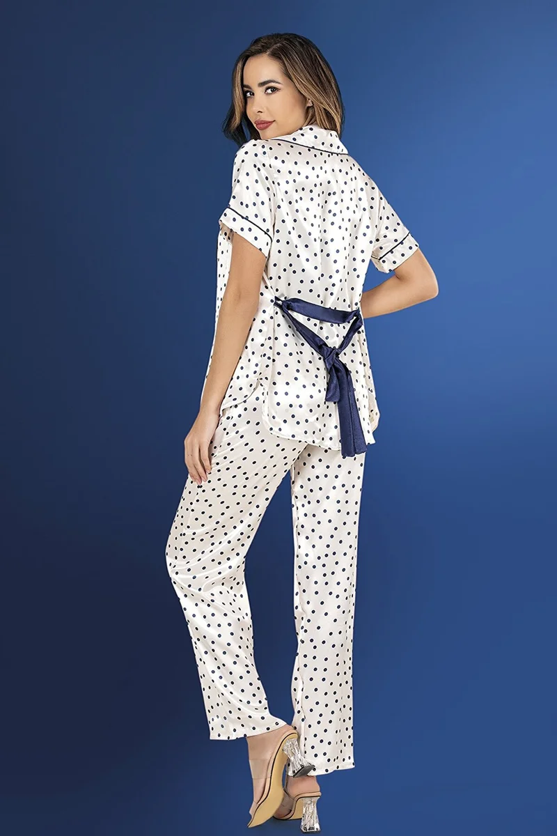 Puantiyeli Saten 3'lü Ekru Pijama Takımı