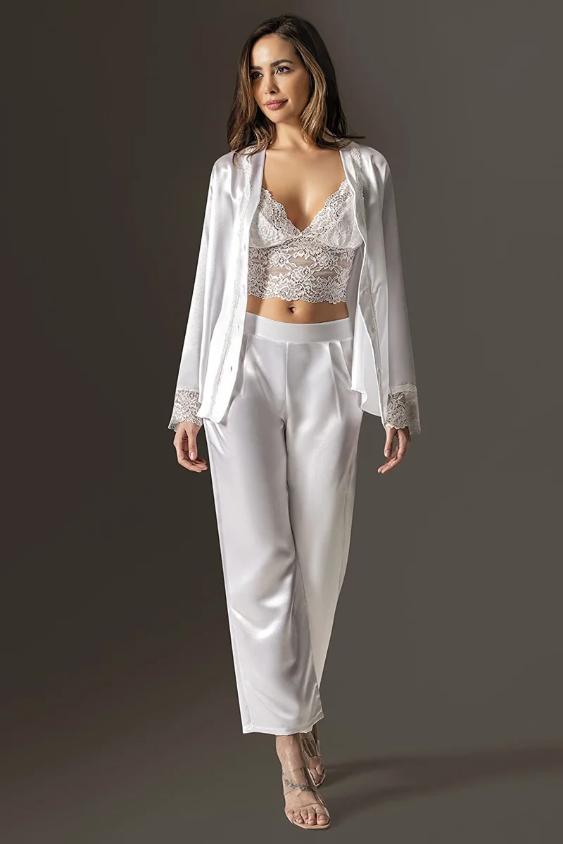 Saten 3'lü Ekru Büstiyer Pijama Takımı