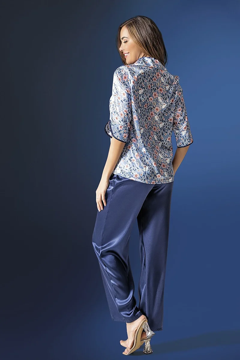 Çiçek Desenli Saten Mavi Pijama Takım