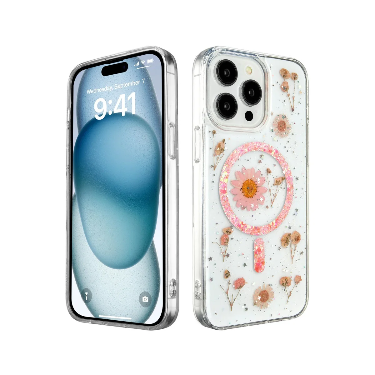 iPhone 15 Pro Kılıf Daisy Simli Magsafe Kapak - Pembe