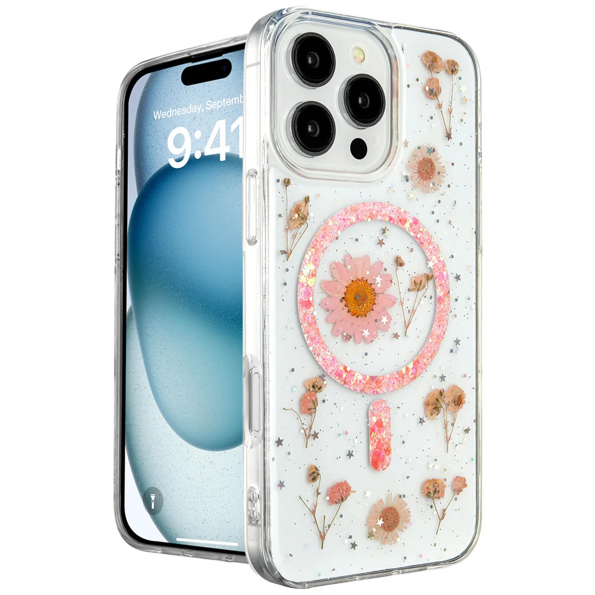 iPhone 16 Pro Kılıf Daisy Simli Magsafe Kapak - Pembe