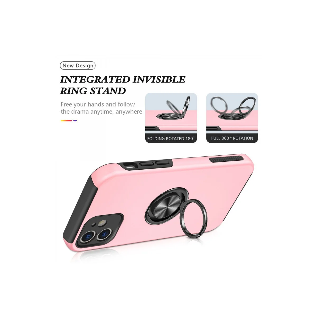 iPhone 12 Kılıf Elit Yüzüklü Kapak - Pembe