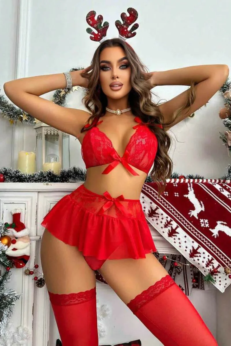 Kırmızı Yüksek Bel Etekli Yılbaşı Kostüm 16048