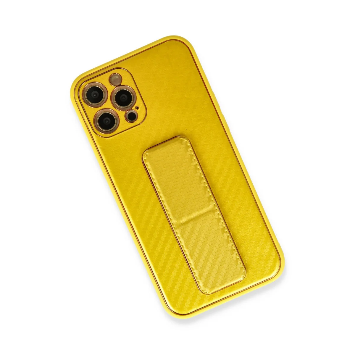 iPhone 12 Pro Kılıf Coco Karbon Standlı Kapak - Sarı
