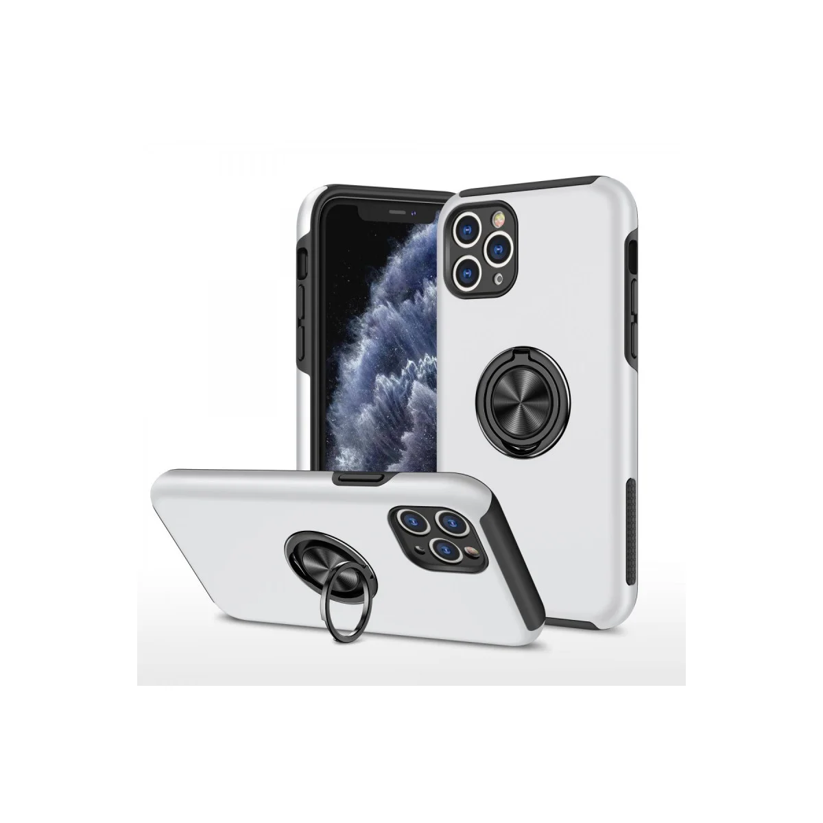 iPhone 11 Pro Max Kılıf Elit Yüzüklü Kapak - Gümüş