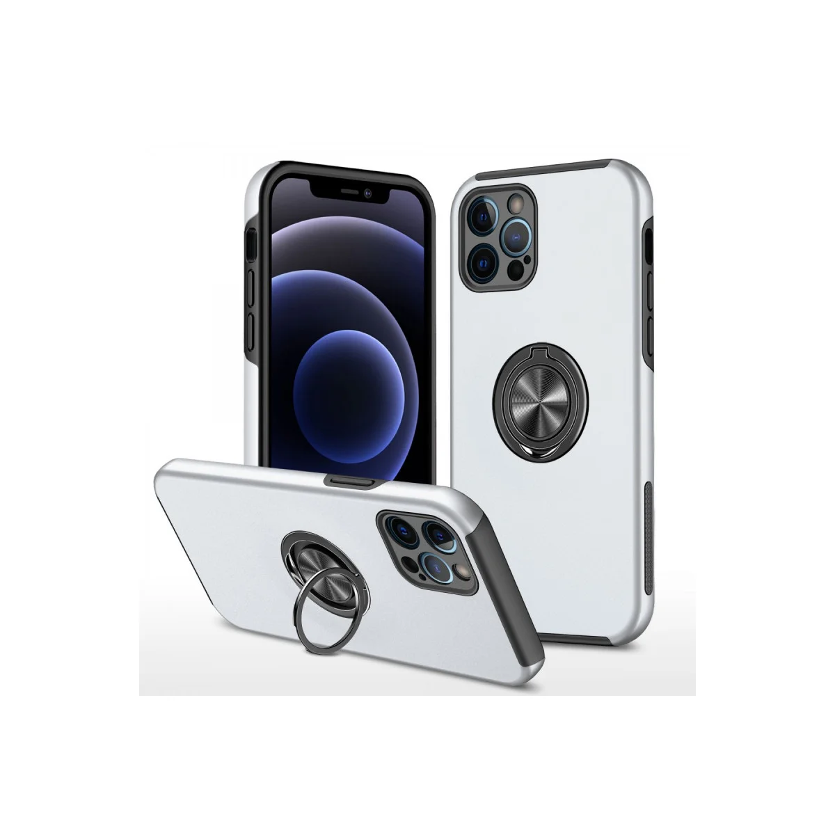 iPhone 12 Pro Kılıf Elit Yüzüklü Kapak - Gümüş