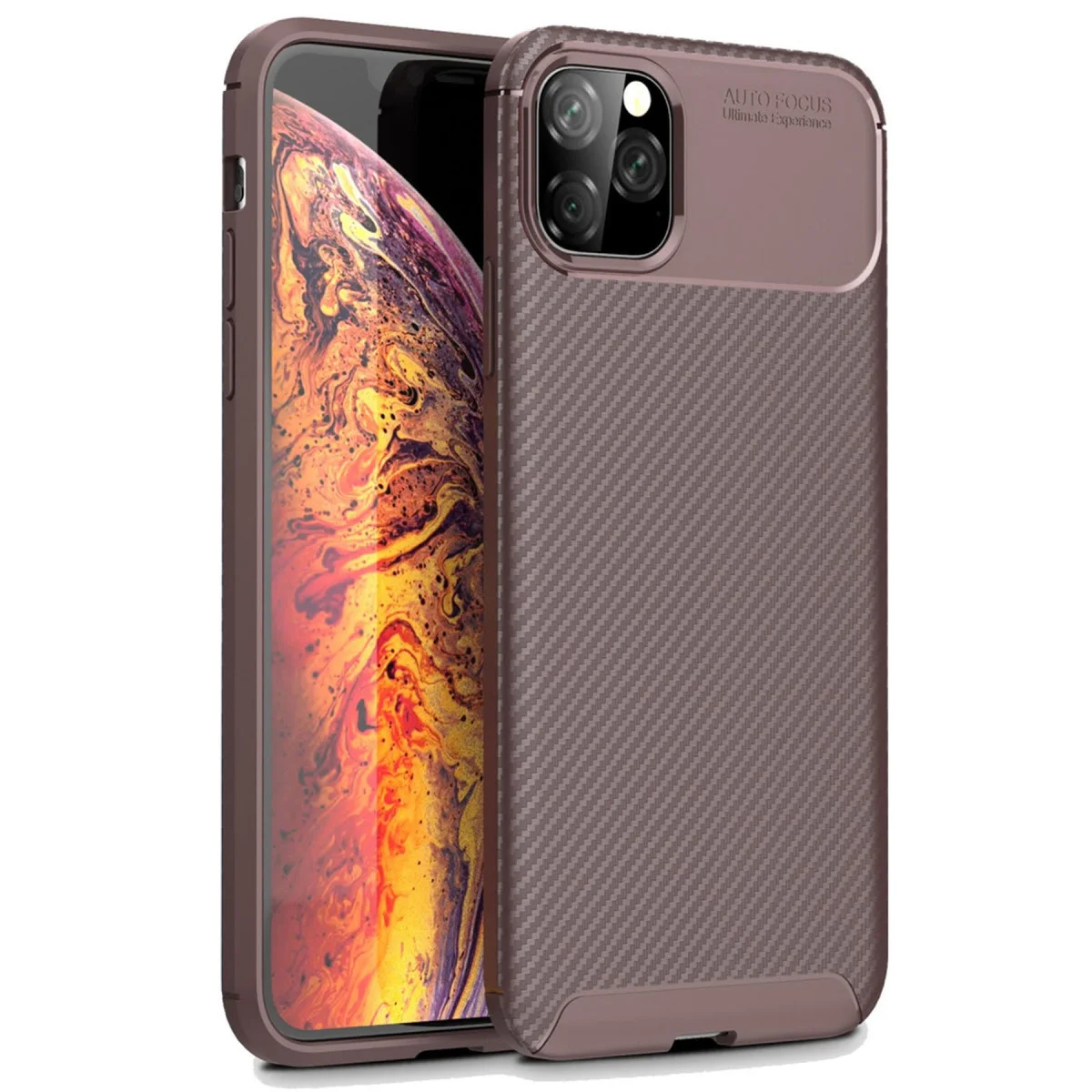iPhone 11 Pro Max Kılıf Auto Focus Karbon Kapak - Kahverengi