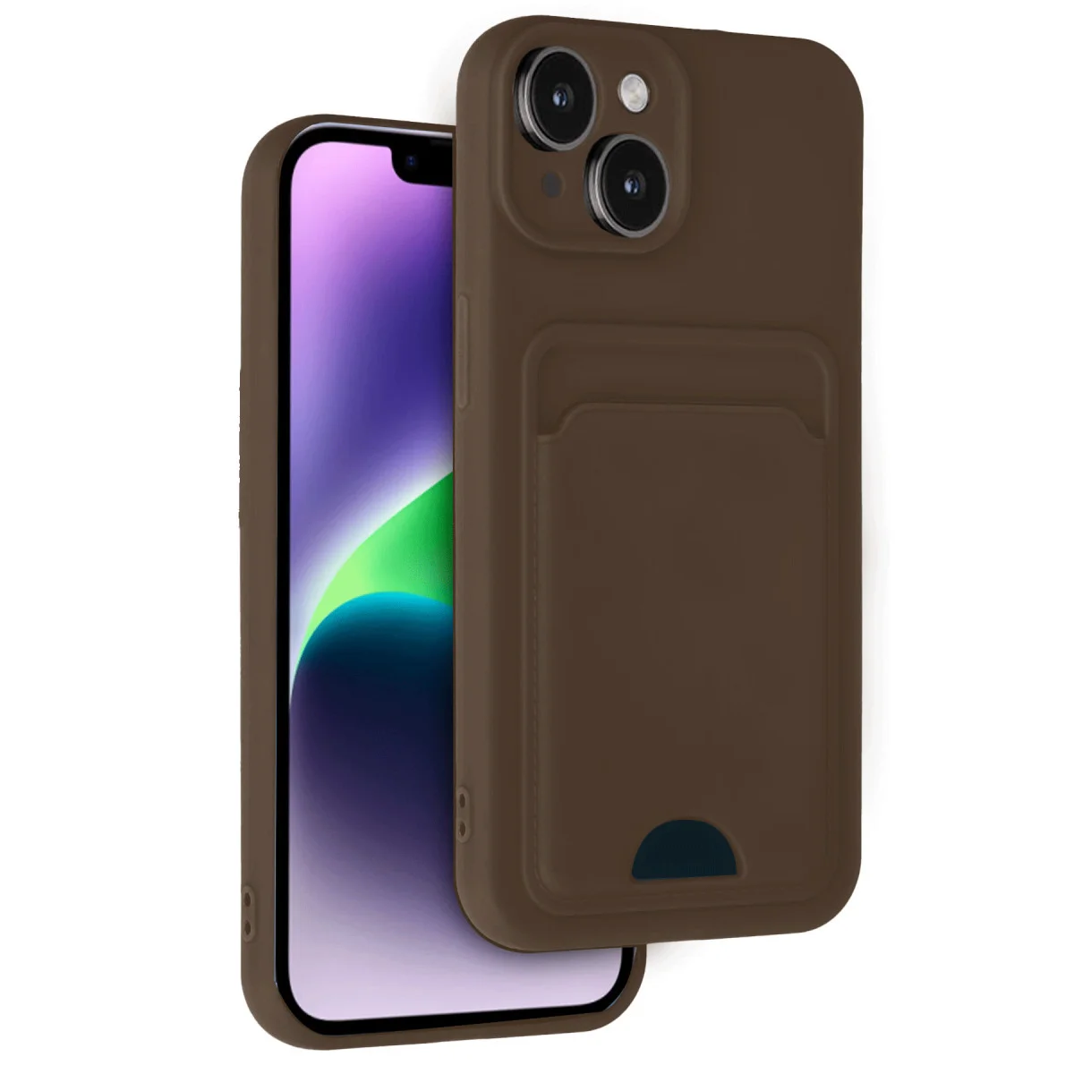 iPhone 14 Kılıf Kelvin Kartvizitli Silikon - Kahverengi