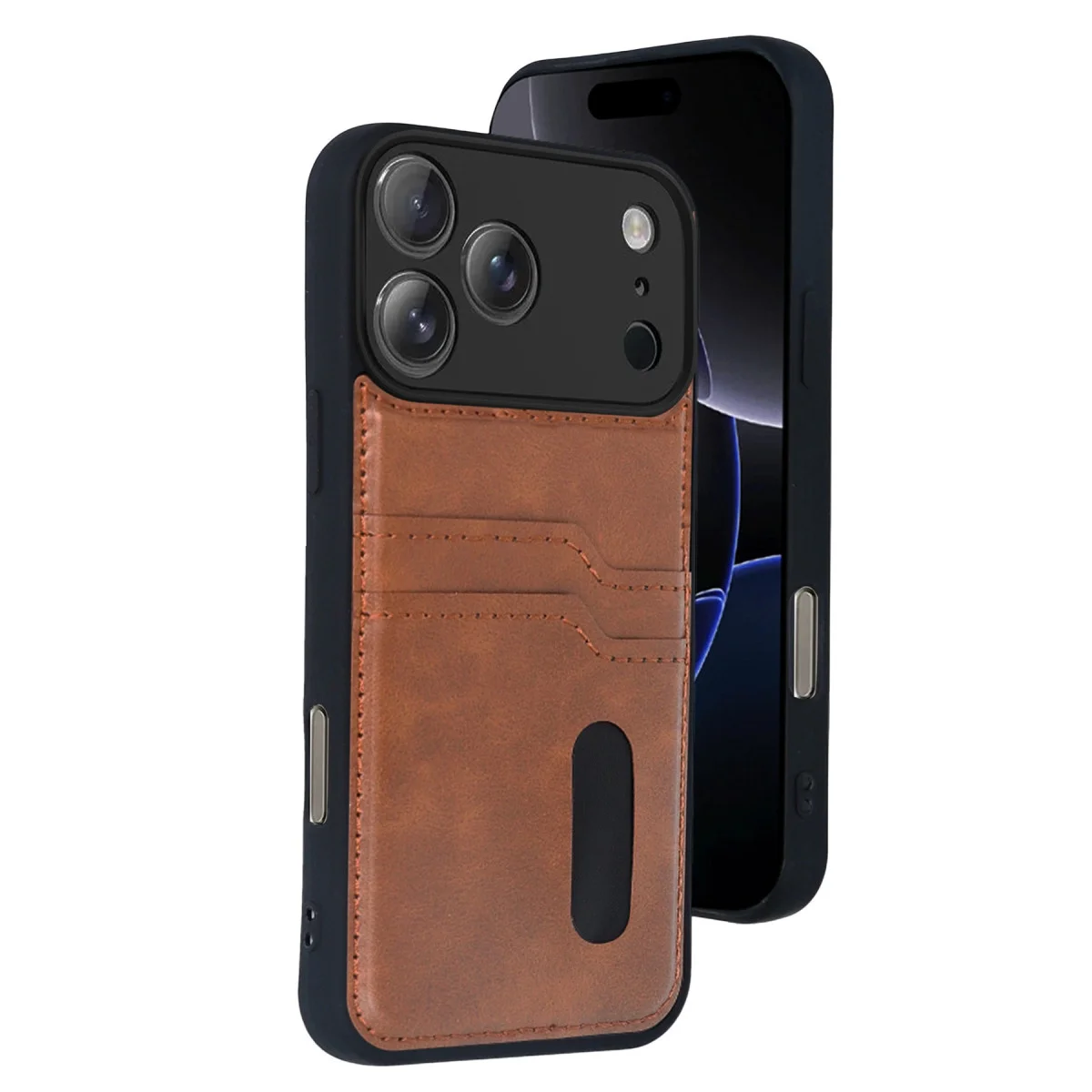 iPhone 17 Pro Max Sara Kartvizitli Deri Kılıf - Taba