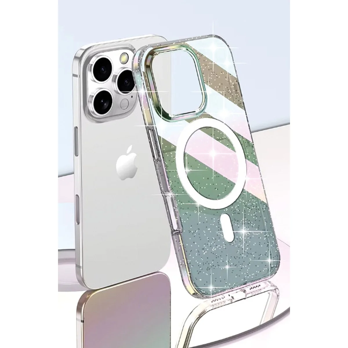 iPhone 15 Pro Rasasi Simli Magsafe Kapak - Şeffaf
