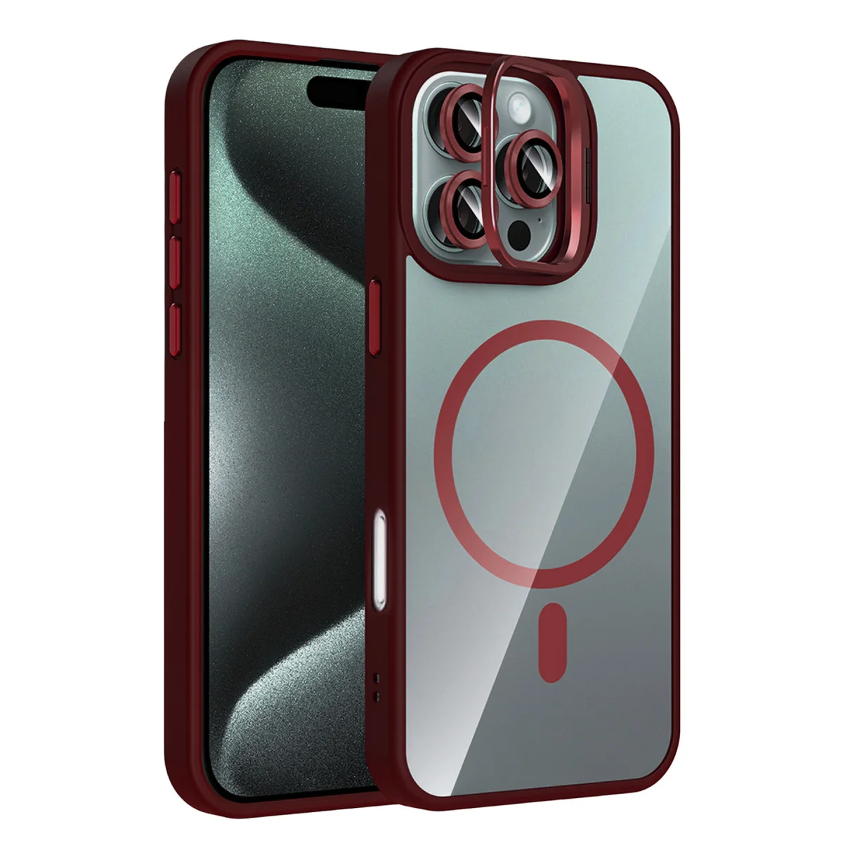 iPhone 16 Pro Max Remim Lensli Magsafe Standlı Kapak - Bordo