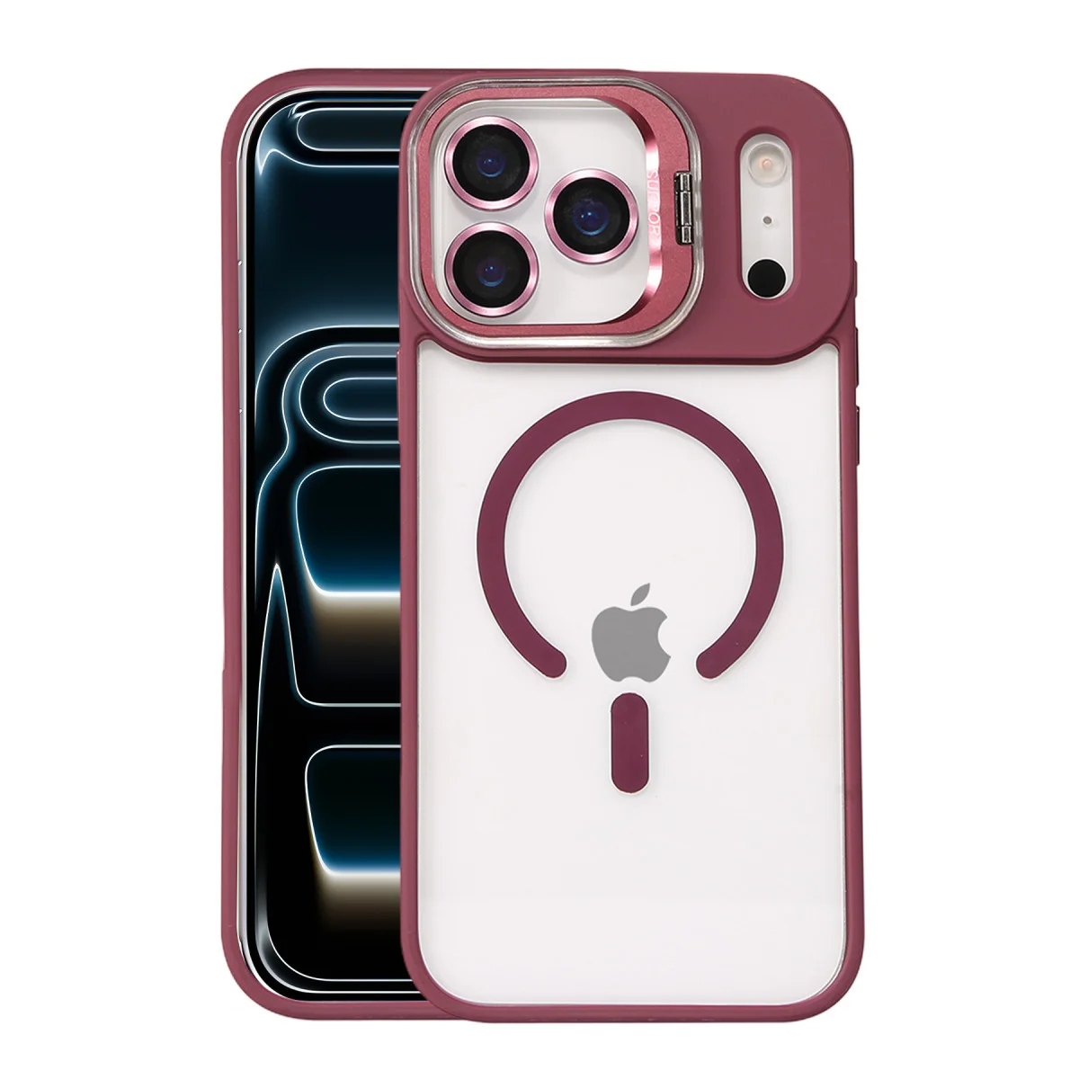 iPhone 17 Pro Remim Lensli Magsafe Standlı Kapak - Bordo