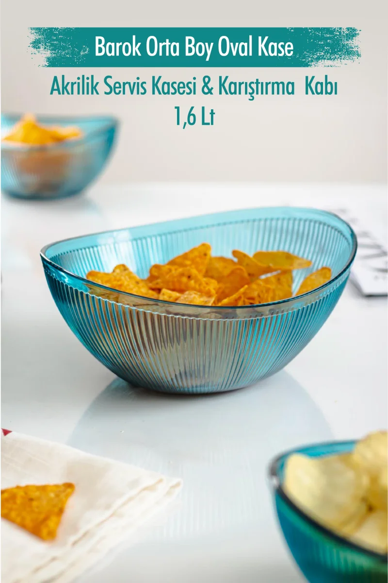 Akrilik Barok Aquamarin Orta Boy Oval Meyve & Salata Kasesi & Karıştırma Kabı / 1,6 Lt (CAM DEĞİLDİR)