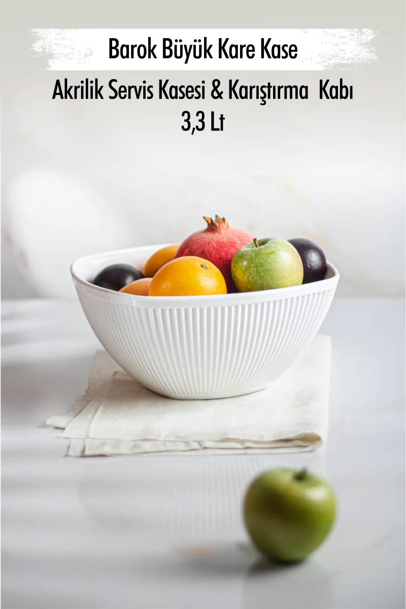 Akrilik Barok Beyaz Büyük Kare Meyve & Salata Kasesi & Karıştırma Kabı / 3,3 Lt (CAM DEĞİLDİR)