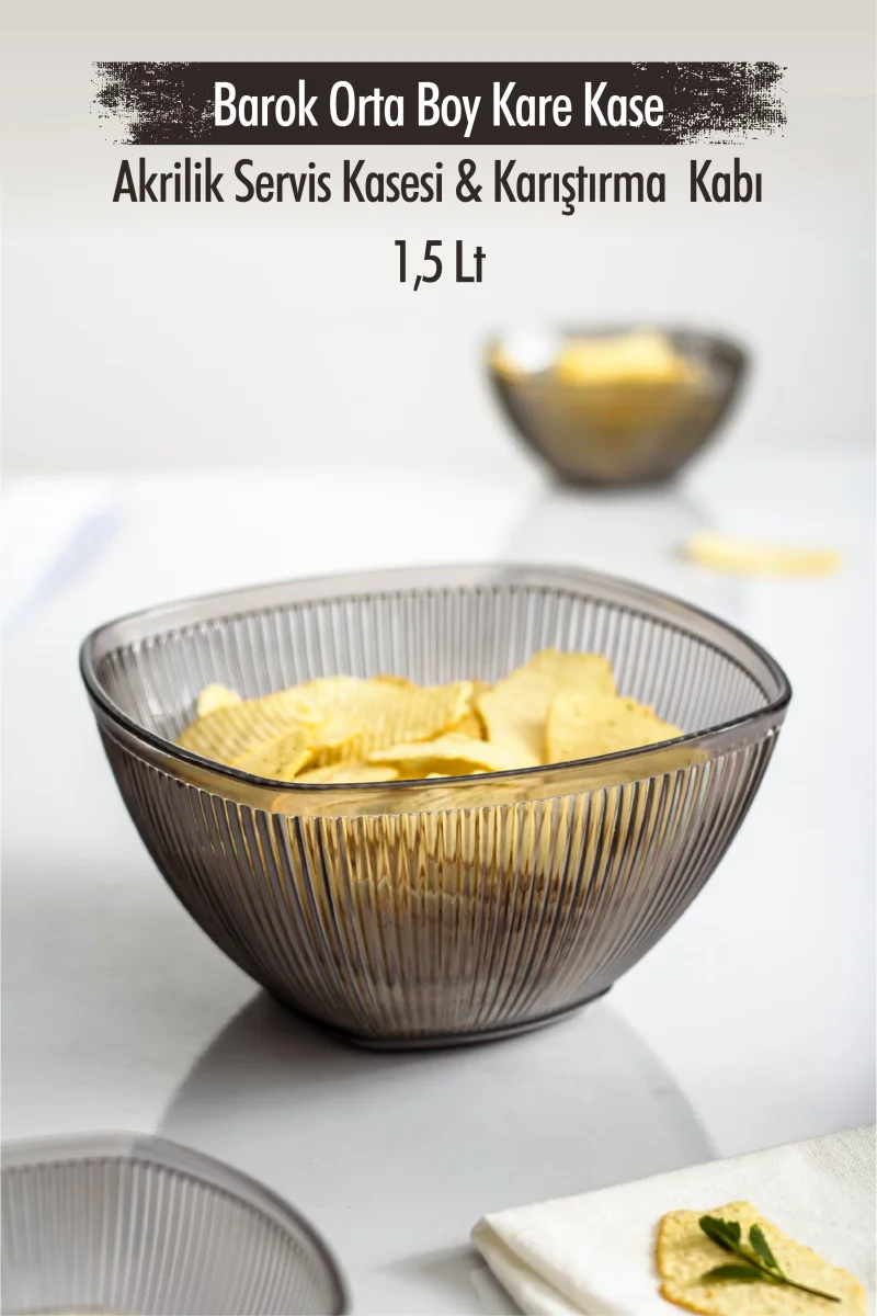 Akrilik Barok Füme Orta Boy Kare Meyve & Salata Kasesi & Karıştırma Kabı / 1,5 Lt (CAM DEĞİLDİR)