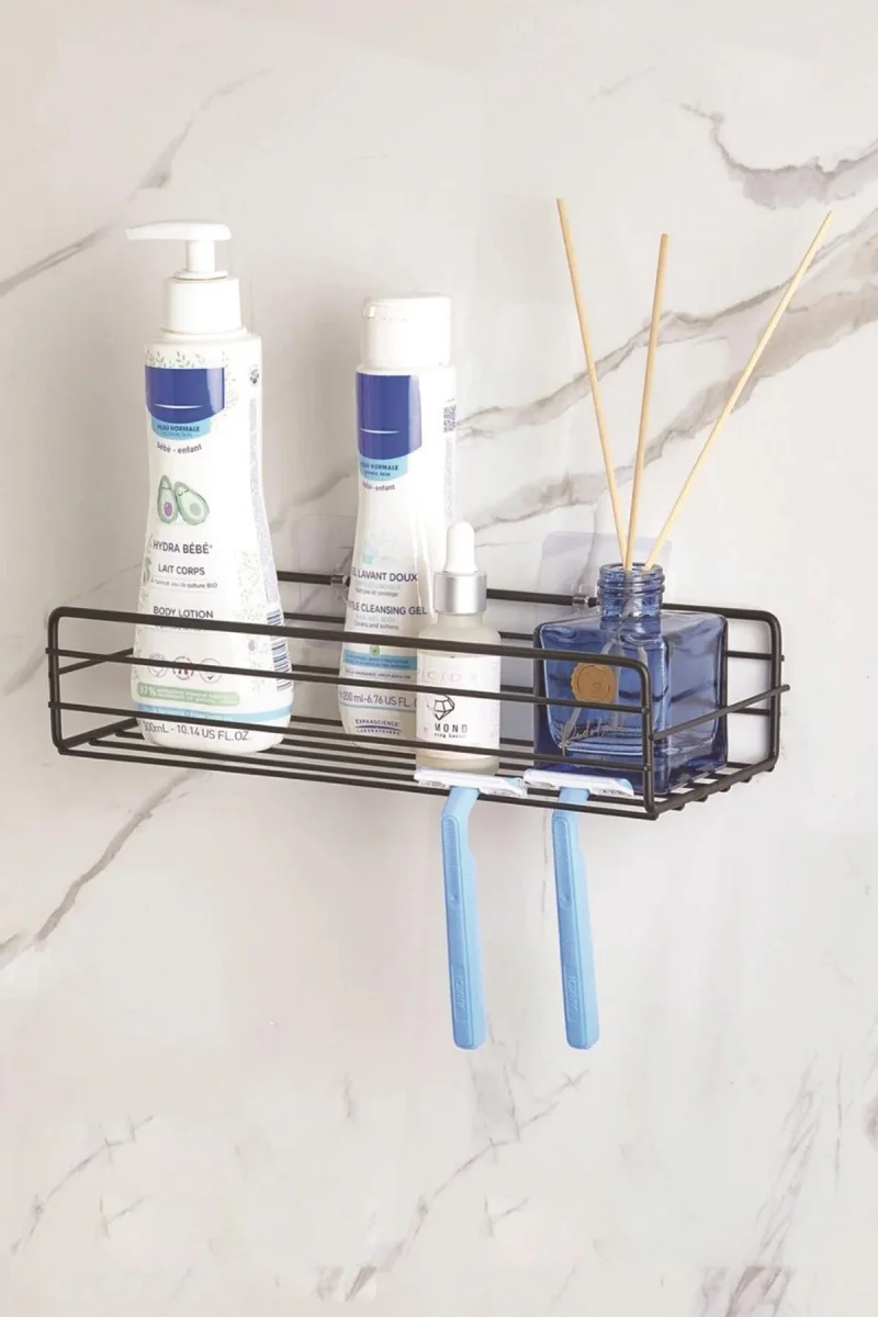 Paslanmaz Çelik Yapışkanlı Siyah Duvar Rafı & Organizer & Banyo Duş Askısı