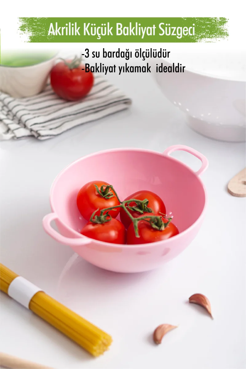 Akrilik Soft Pembe Mini Pirinç Süzgeçi & Bakliyat Süzgeçi (3 SU BARDAĞI ÖLÇÜLÜ)