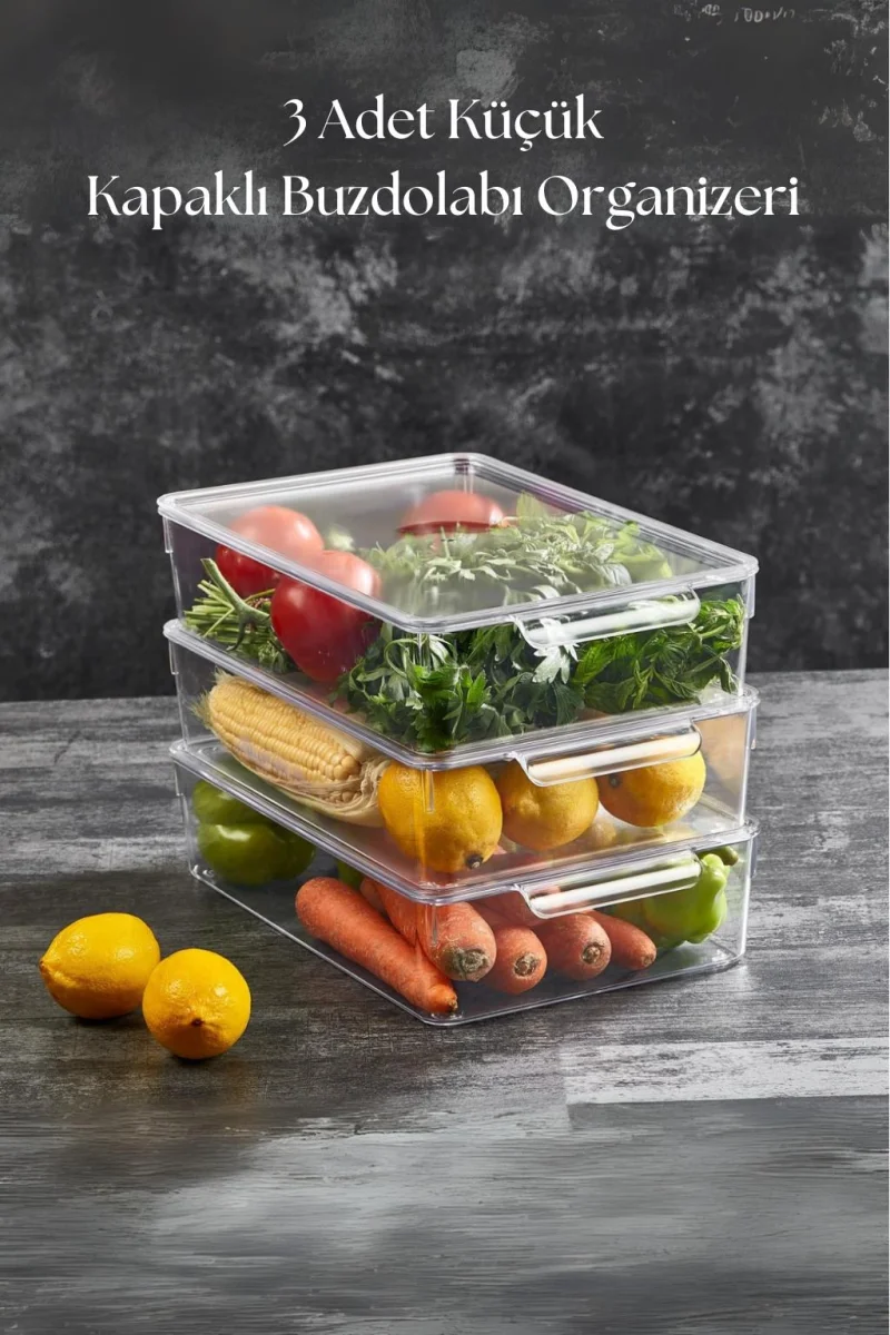 3 Lü Kapaklı Buzdolabı Organizeri & Buzdolabı Düzenleyici 3 lt