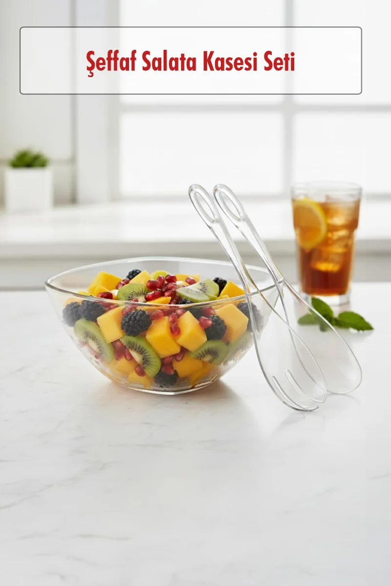 3,5 Lt Şeffaf Akrilik Salata Servis Kasesi ve Çatal Kaşık Seti - 3 Parça