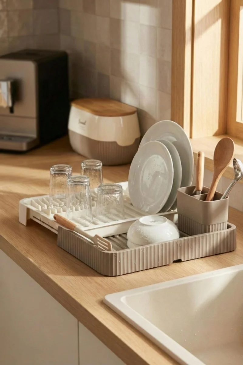 Vizon Sürgülü Lavabo Üstü Bulaşıklık & Fonksiyonel Tabaklık Ve Bardaklık 32x36 cm