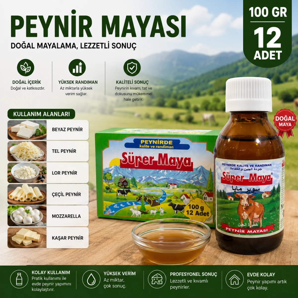 100 GR Peynir Mayası 12 Adet Sıvı Doğal Peynir Yapım Mayası | Ev Tipi Peynir Üretimi İçin Uygun