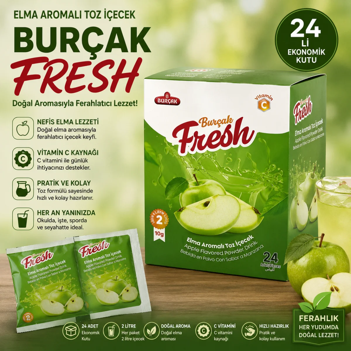 24’lü Elma Aromalı Toz İçecek 10 Gr | C Vitaminli Soğuk İçecek Tozu