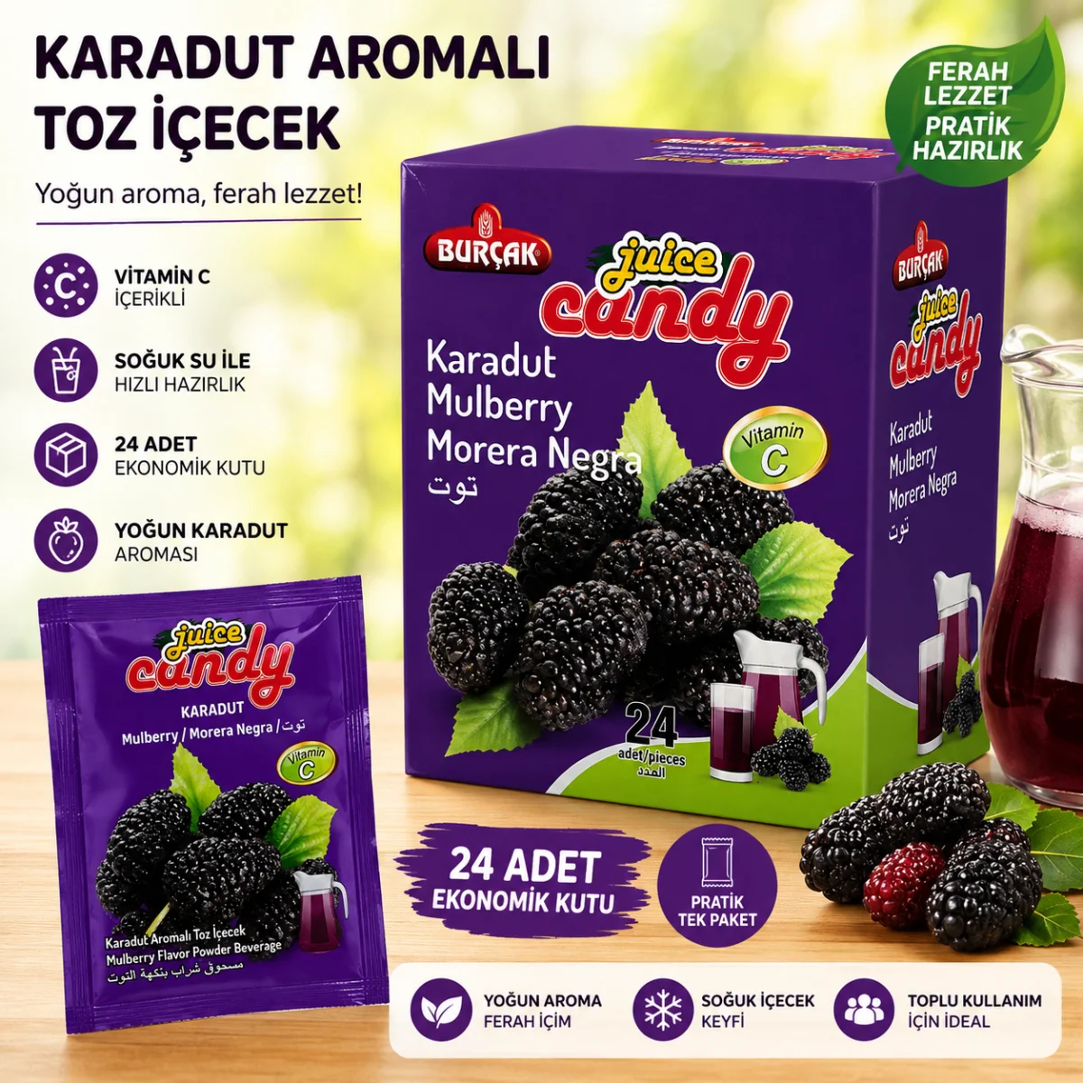 24’lü Karadut Aromalı Toz İçecek Vitamin C İçerikli Pratik Tek Kullanımlık Soğuk İçecek Tozu