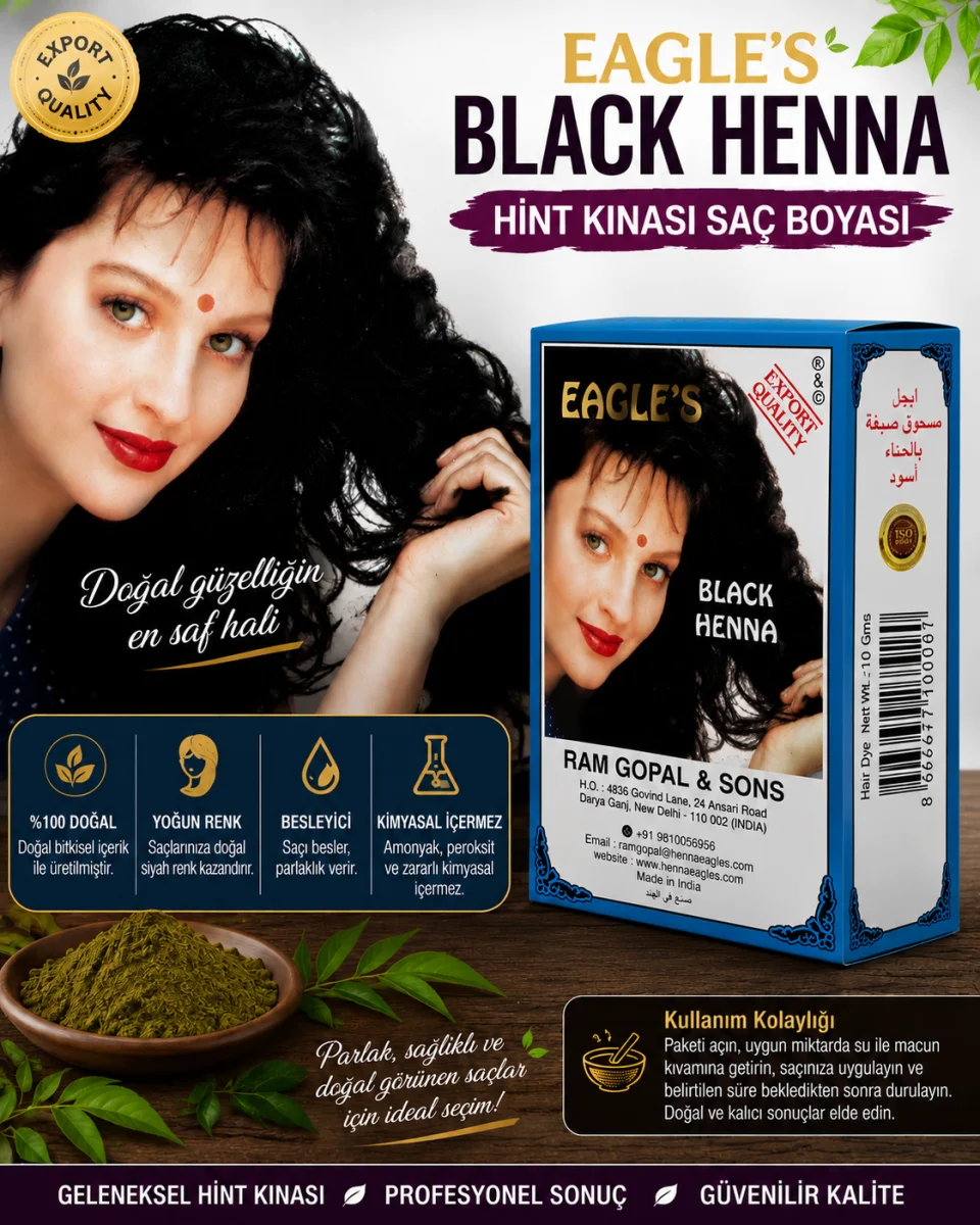 Black Henna Hint Kınası Saç Boyası Siyah Renk 6’lı Kutu Doğal Görünümlü Kalıcı Saç Boyası