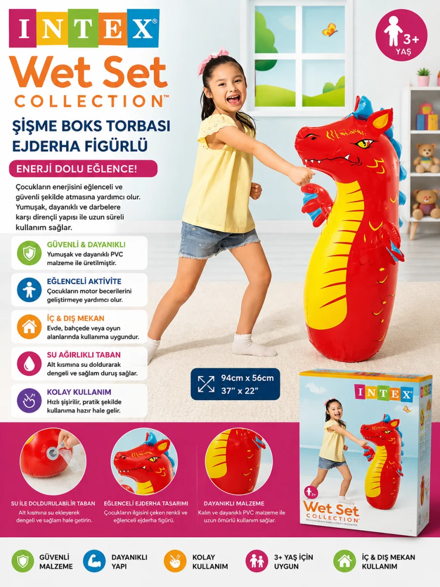 Intex Wet Set 44669NP Şişme Ejderha Boks Torbası Çocuk Oyuncağı 94x56 Cm Vurmalı Şişme Oyuncak 3 Yaş Üzeri 44669NP