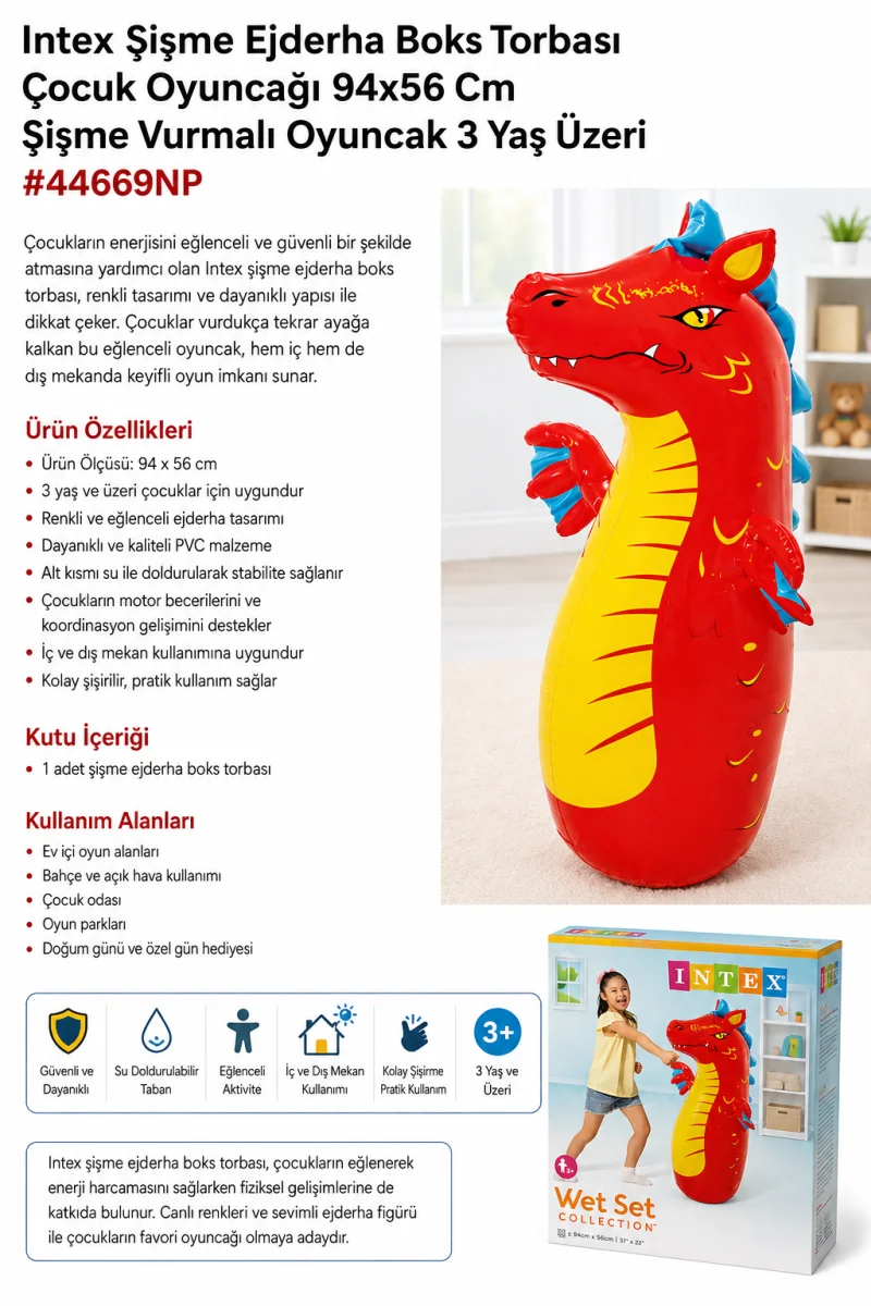 Intex Wet Set 44669NP Şişme Ejderha Boks Torbası Çocuk Oyuncağı 94x56 Cm Vurmalı Şişme Oyuncak 3 Yaş Üzeri 44669NP
