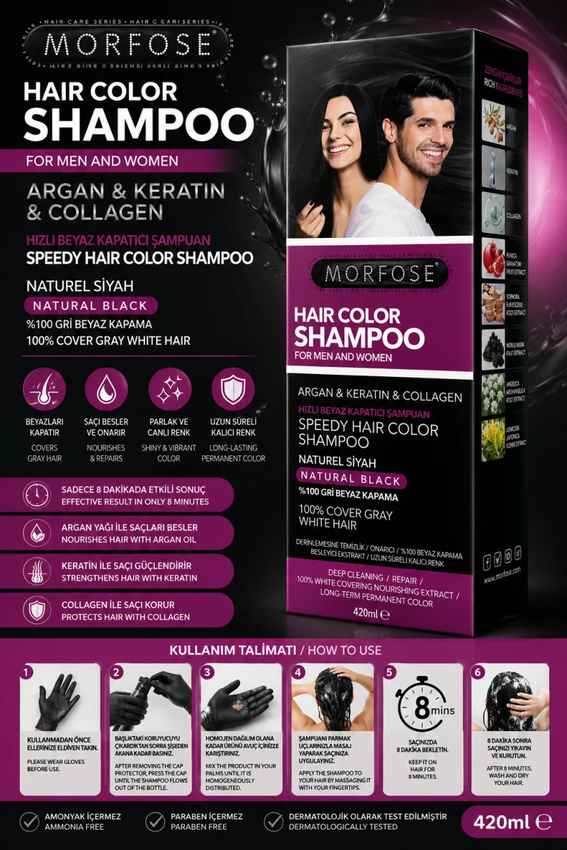 Hair Color Shampoo Natural Black 420 ml Hızlı Beyaz Kapatıcı Saç Boyama Şampuanı Argan Keratin Collagen