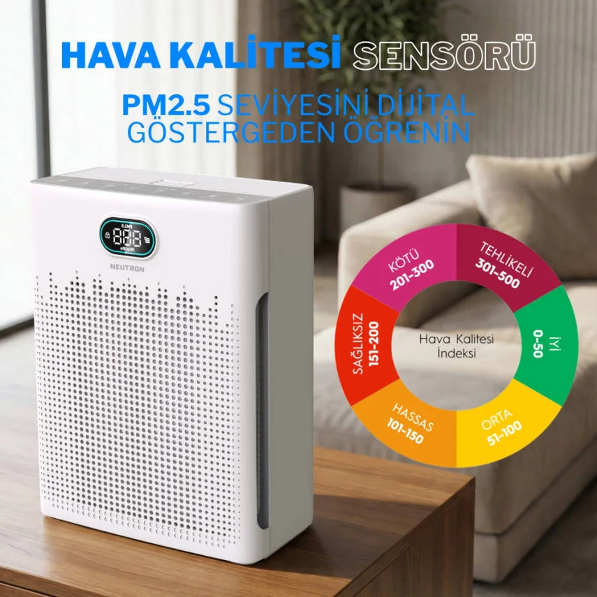 Hepa 13 Filtreli Hava Temizleyici, 3 Katmanlı Filtre, Akıllı Hava Temizleme Cihazı, 250 m³