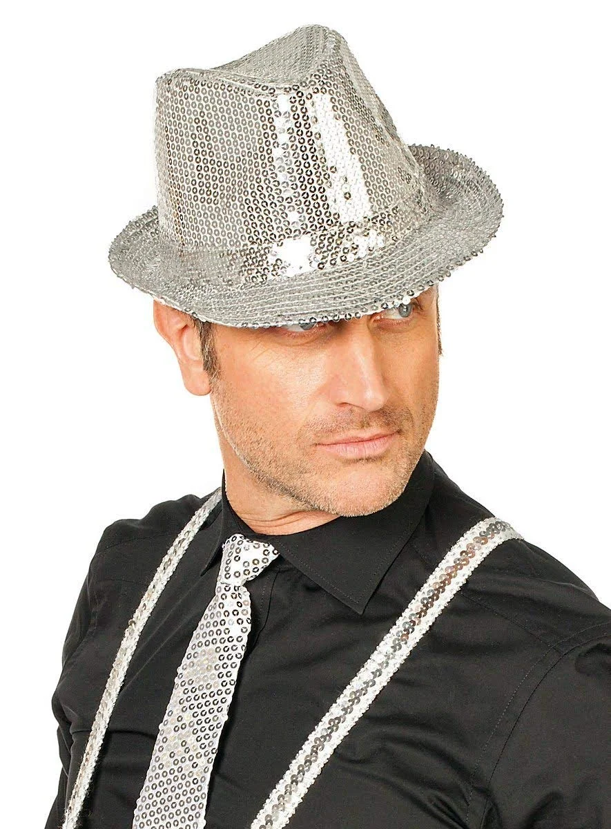 Disko Star Gümüş Payetli Fötr Şapka Yetişkin Boy