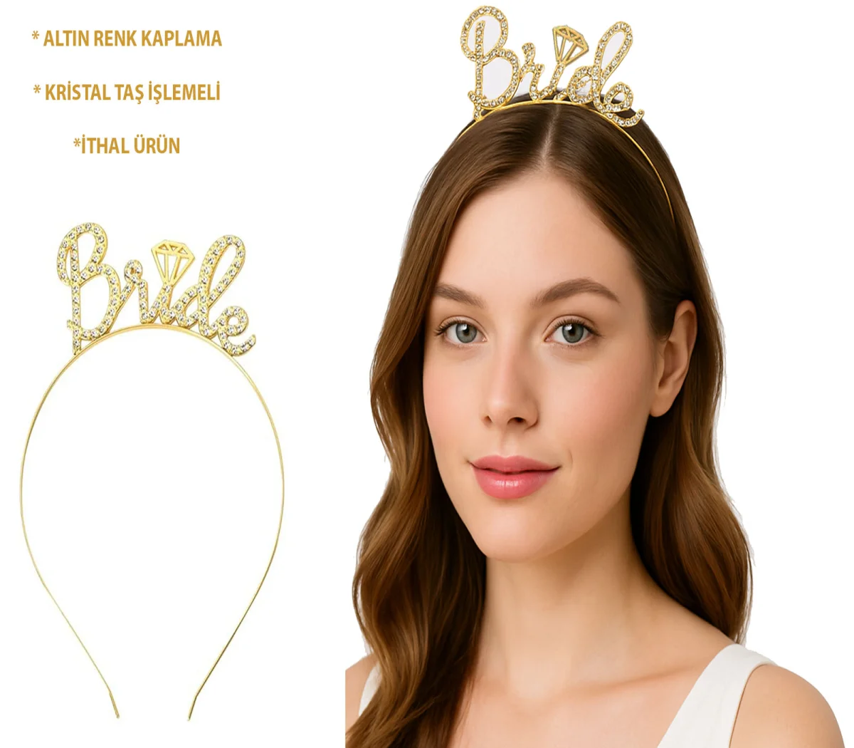 Altın Renkli Taşlı “Bride” Gelin Tacı – El Yazısı Yazı Tipiyle