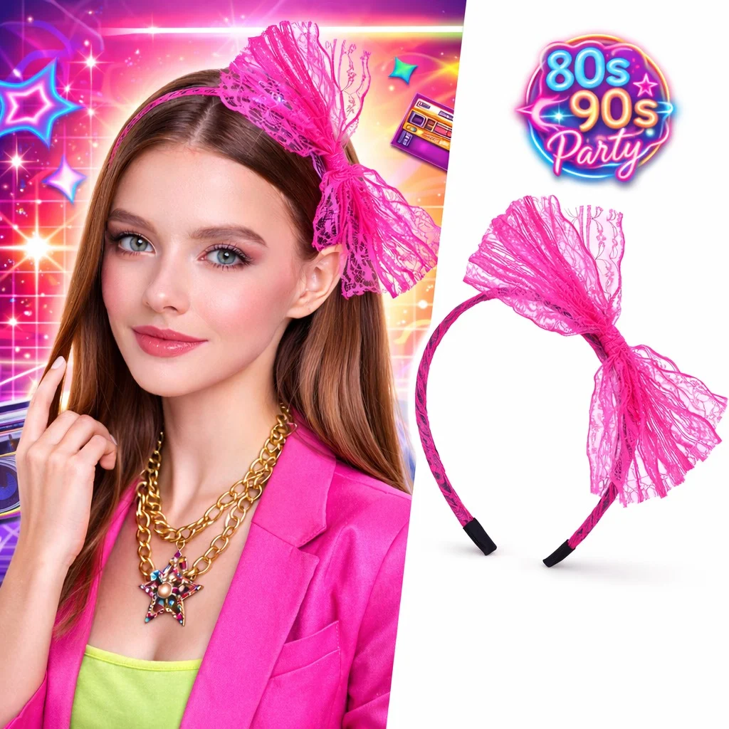 80’ler 90’lar Neon Pembe Dantel Taç Fiyonklu