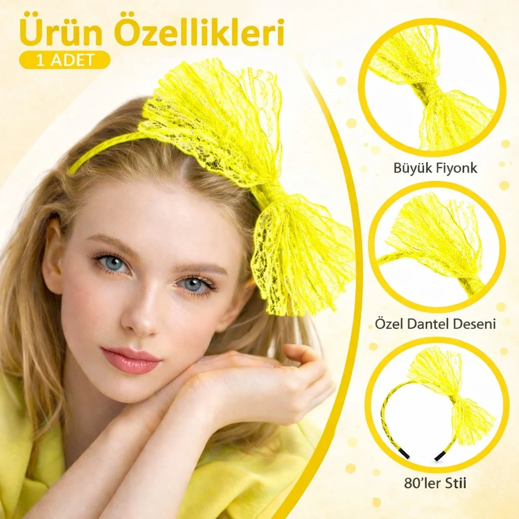 80’ler 90’lar Neon Sarı Dantel Taç Fiyonklu
