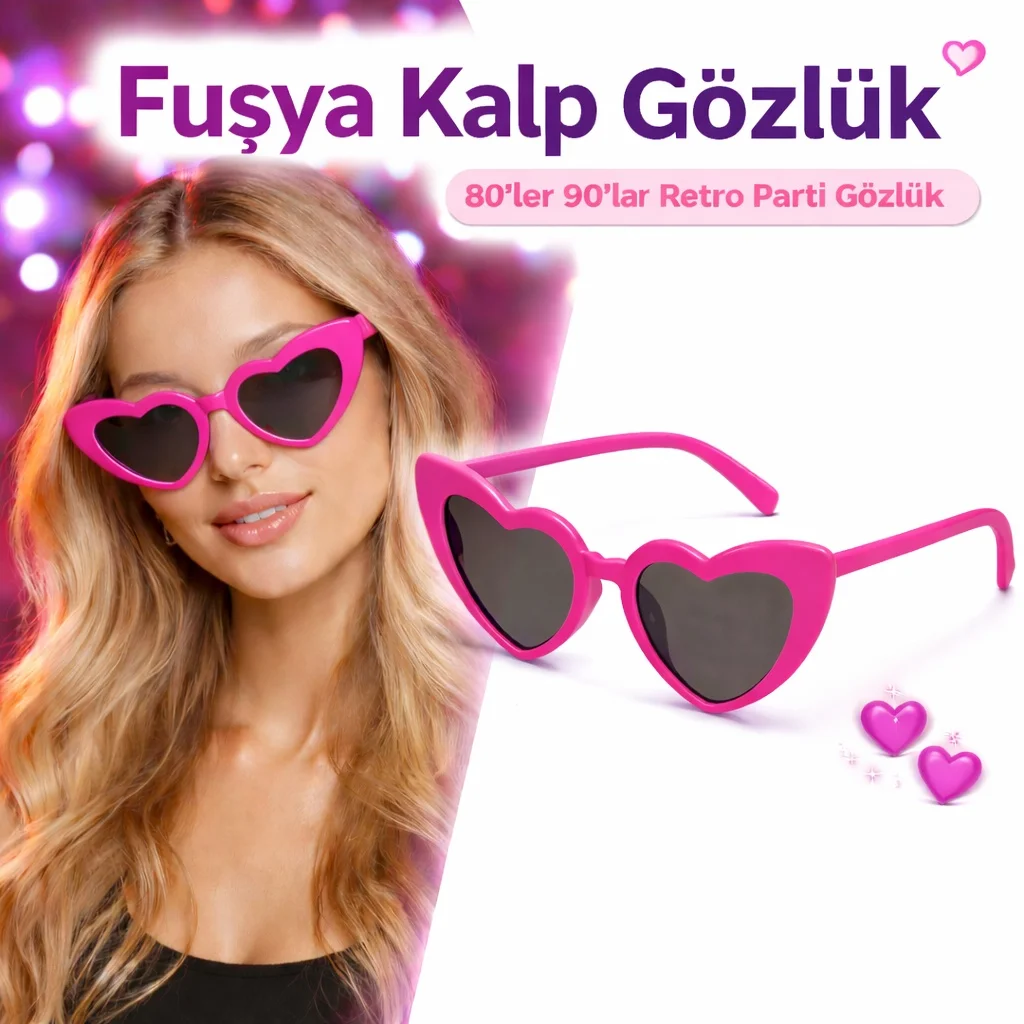 Fuşya Retro Kalp Gözlük – 80’ler 90’lar Stil Parti Gözlüğü