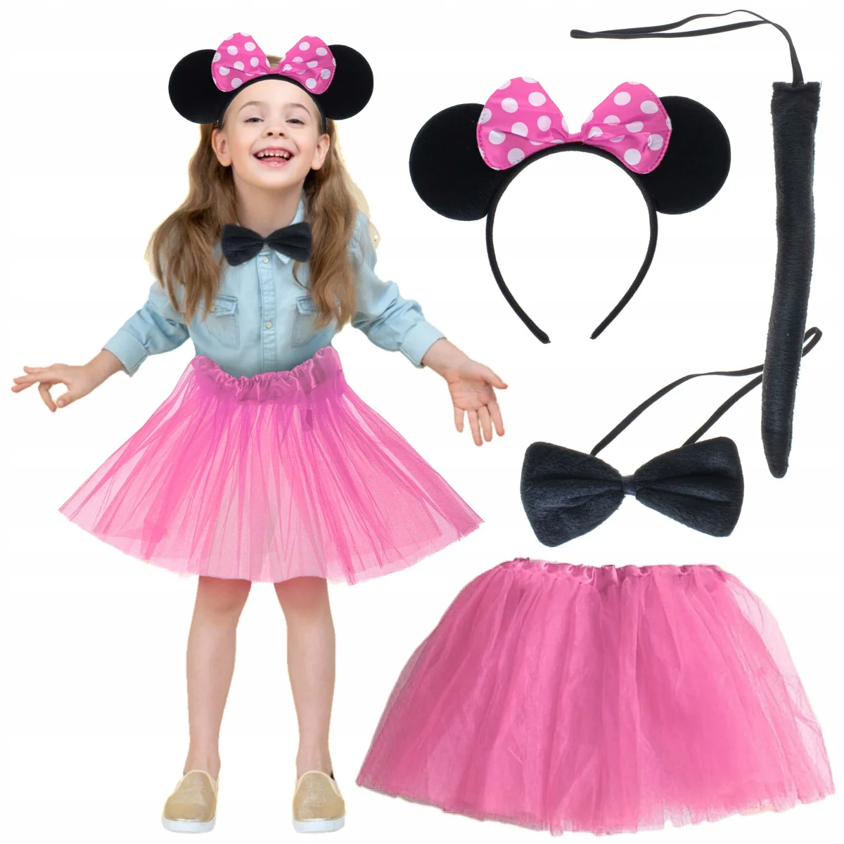Minnie Kostüm Seti (Pembe Tütü Etek + Pembe Taç + Papyon + Kuyruk)