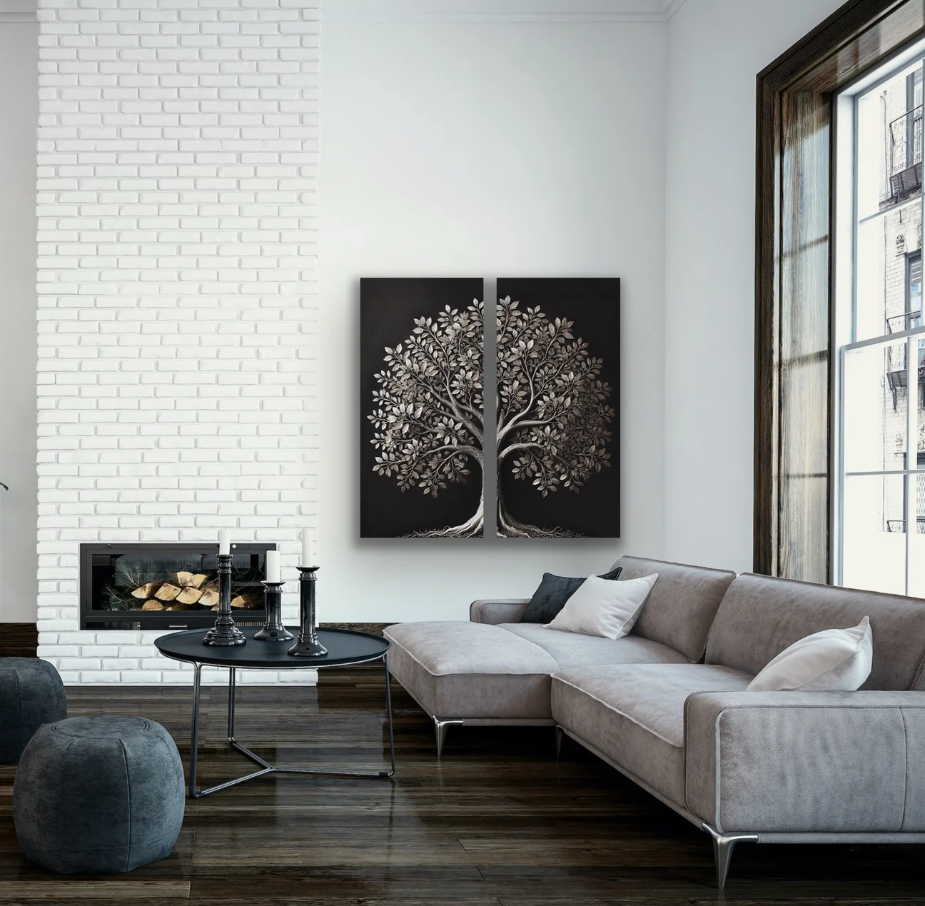2li Eskitme Krom Ağaç Kanvas Tablo 60x120cm x2